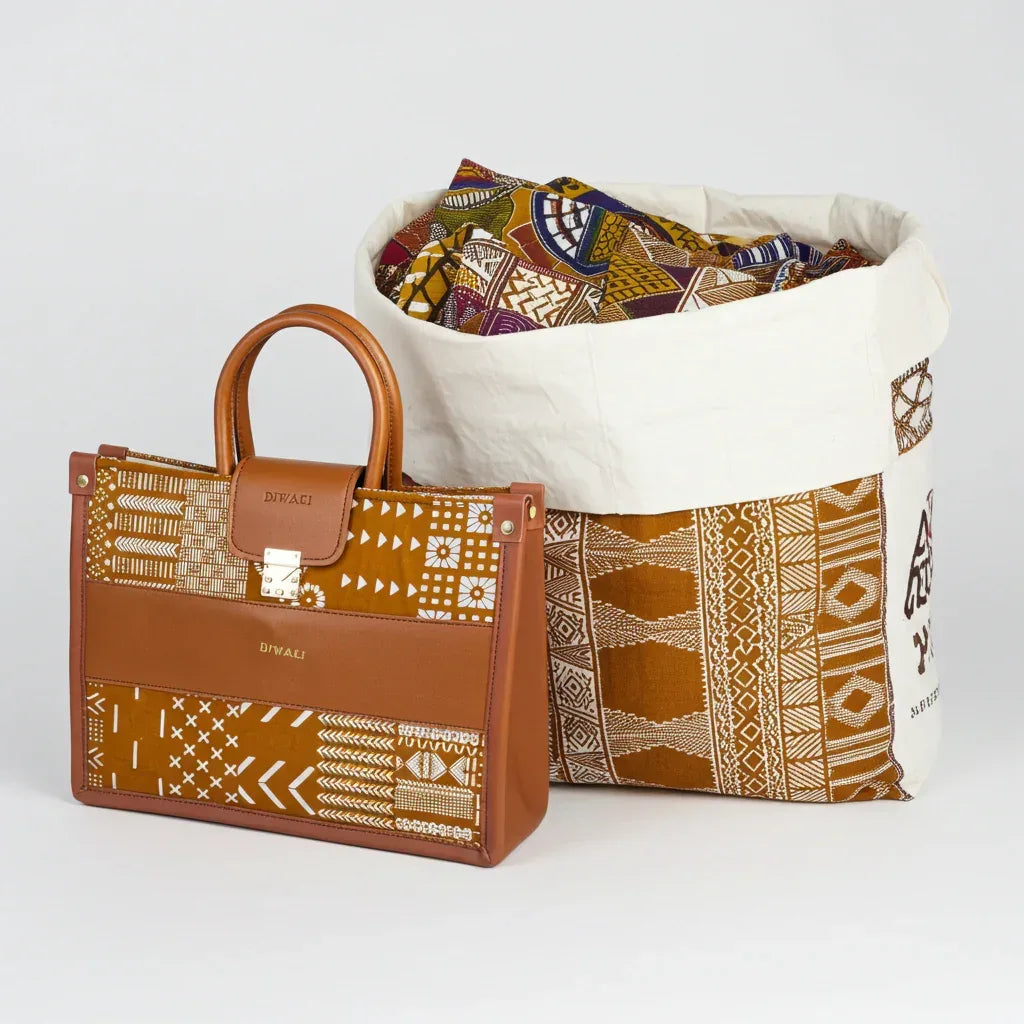 Diwaki tan mud cloth African tote bag - DiwaKi