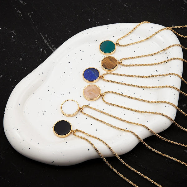 Natural Stone Disk Pendant Necklace For Women's Stainless Steel