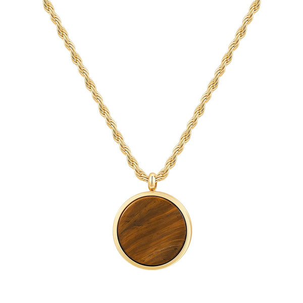 Natural Stone Disk Pendant Necklace For Women's Stainless Steel