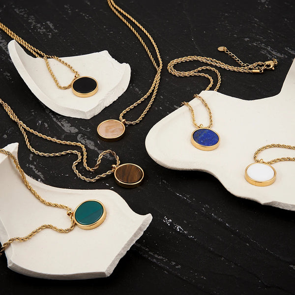 Natural Stone Disk Pendant Necklace For Women's Stainless Steel
