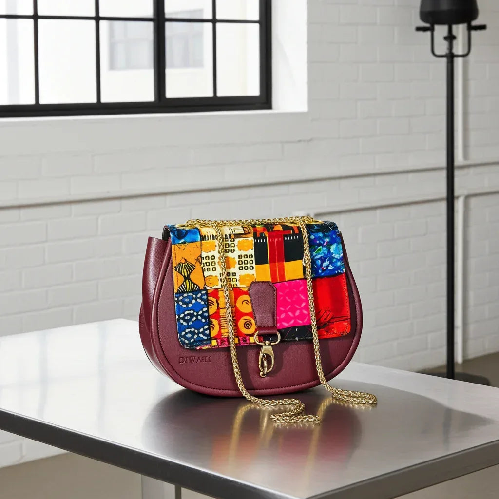 African wax pattern burgundy shoulder bag - DiwaKi