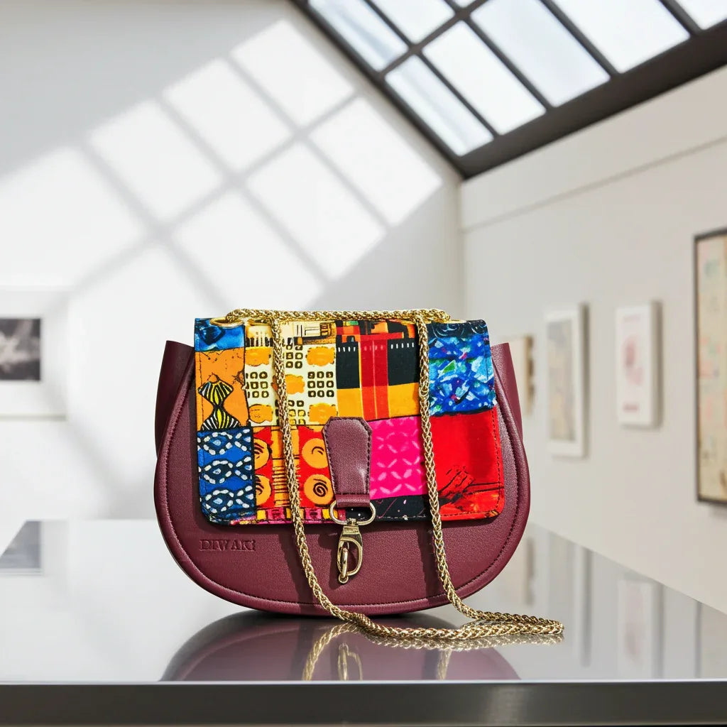 African wax pattern burgundy shoulder bag - DiwaKi