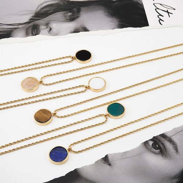 Natural Stone Disk Pendant Necklace For Women's Stainless Steel