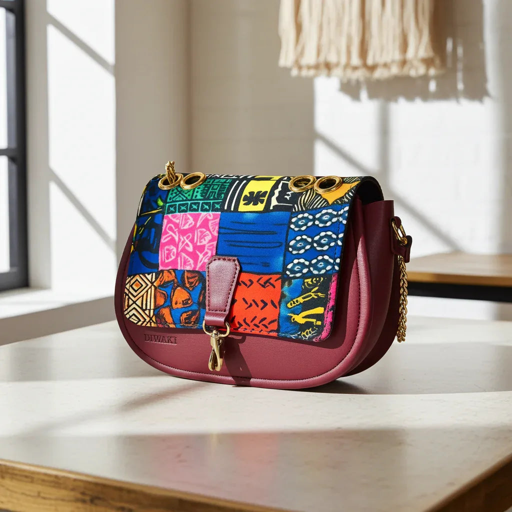 Burgundy Ankara Crossbody with Gold Chain - DiwaKi
