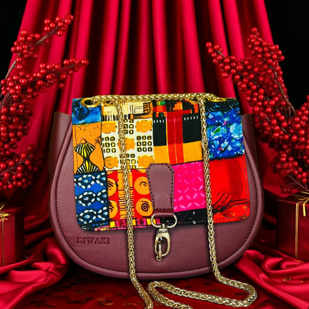 African wax pattern burgundy shoulder bag - DiwaKi