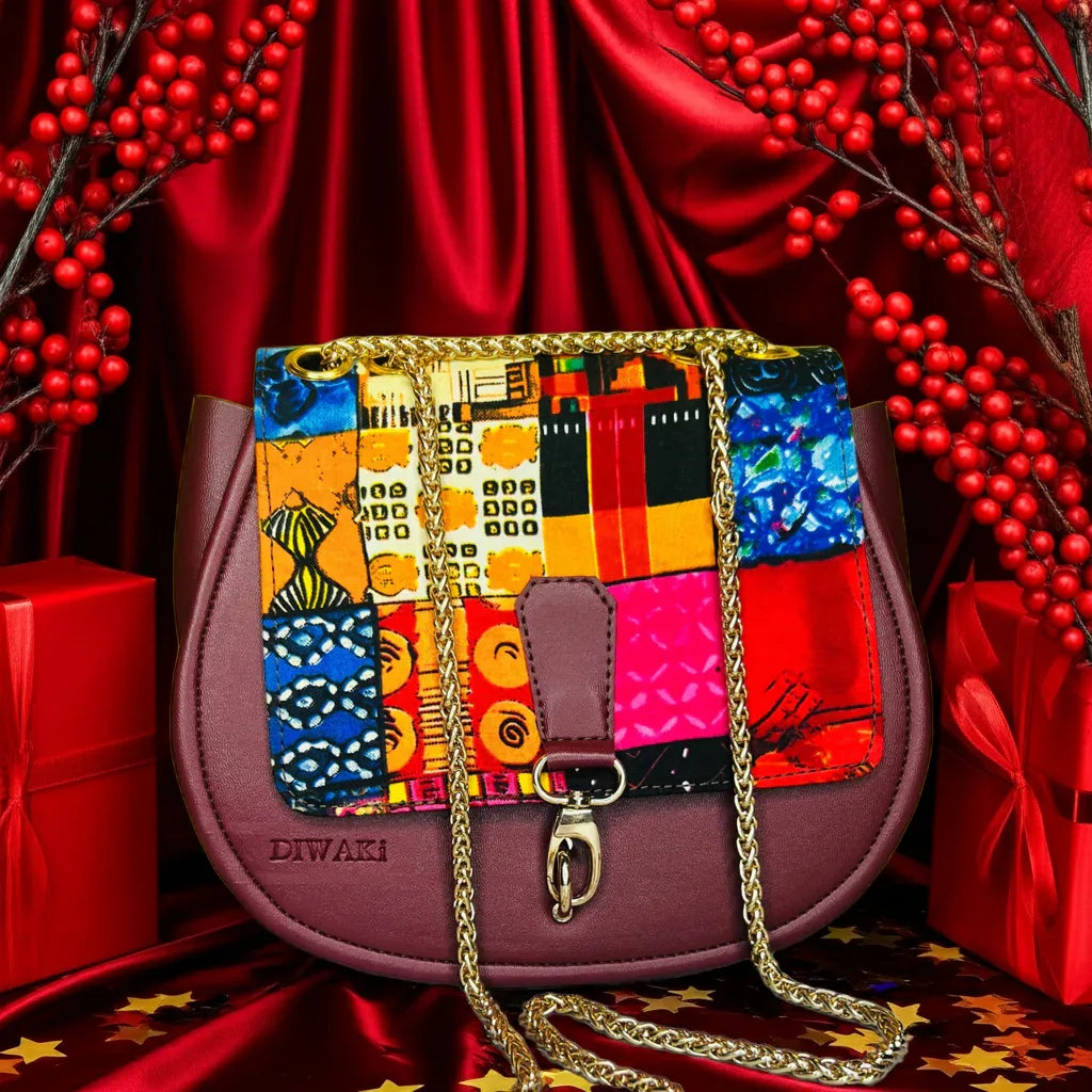African wax pattern burgundy shoulder bag - DiwaKi