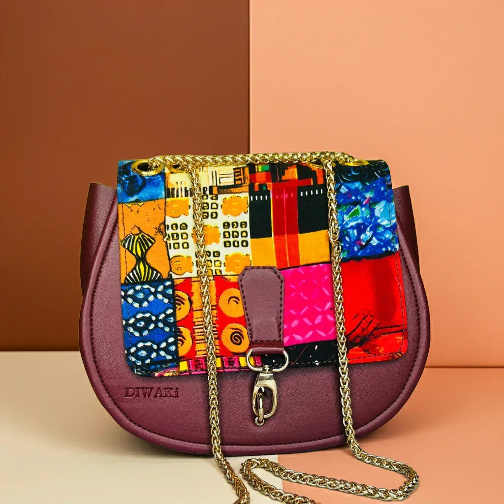 African wax pattern burgundy shoulder bag - DiwaKi