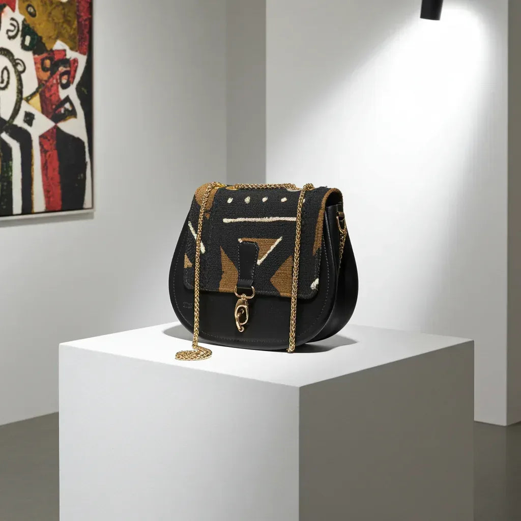 African black & brown bogolan pattern shoulder bag - DiwaKi