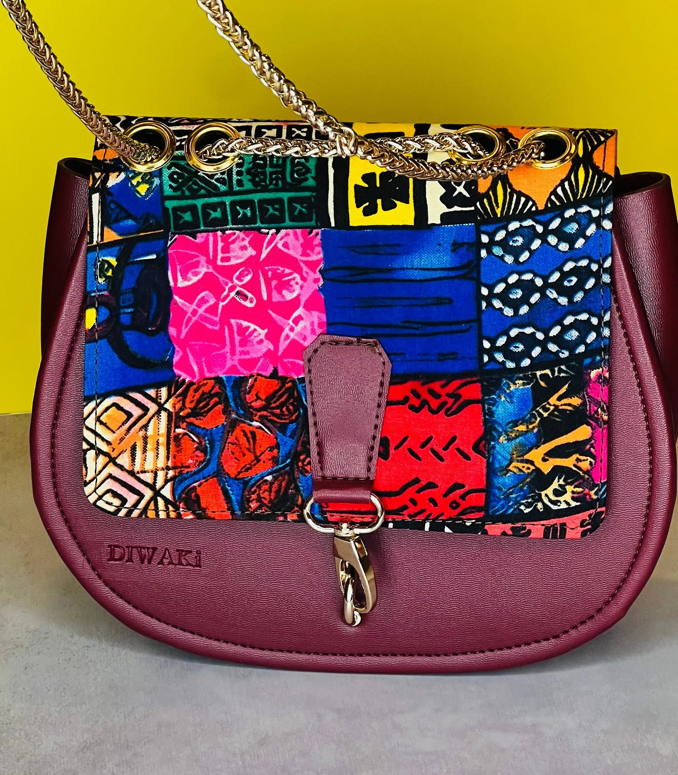 Burgundy Ankara Crossbody with Gold Chain - DiwaKi