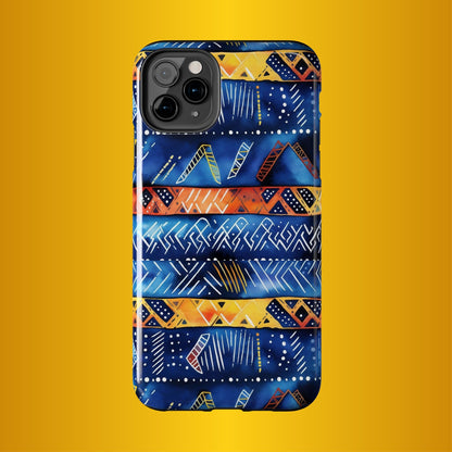 African mudcloth Tribal Indigo Stripe Tough Phone Case — Blue &amp; Orange Geometric Protective Cover