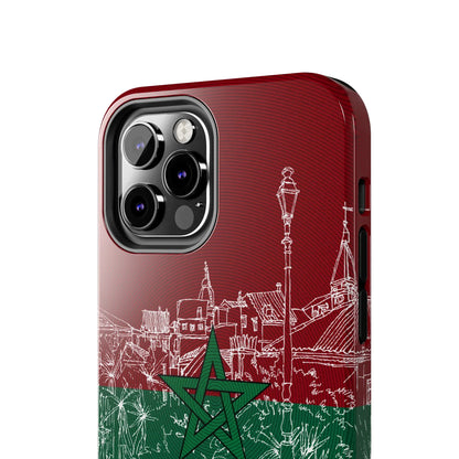 Morocco Flag Sketch Tough Phone Case — Red &amp; Green Casablanca Cityscape - DiwaKi