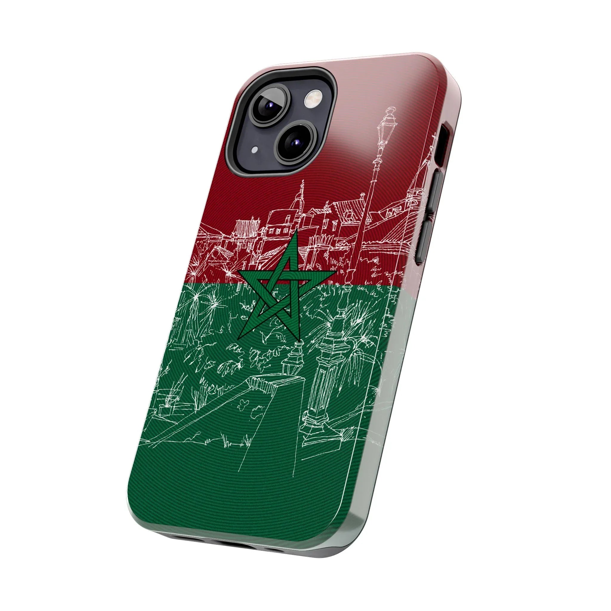 Morocco Flag Sketch Tough Phone Case — Red &amp; Green Casablanca Cityscape - DiwaKi