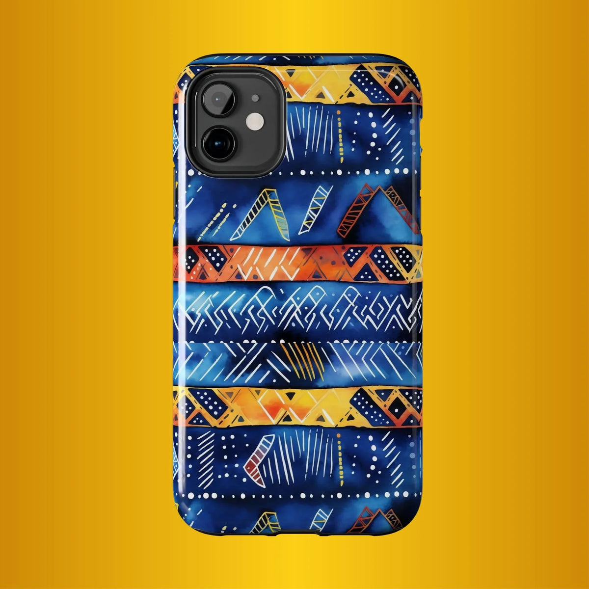 African mudcloth Tribal Indigo Stripe Tough Phone Case — Blue &amp; Orange Geometric Protective Cover - DiwaKi