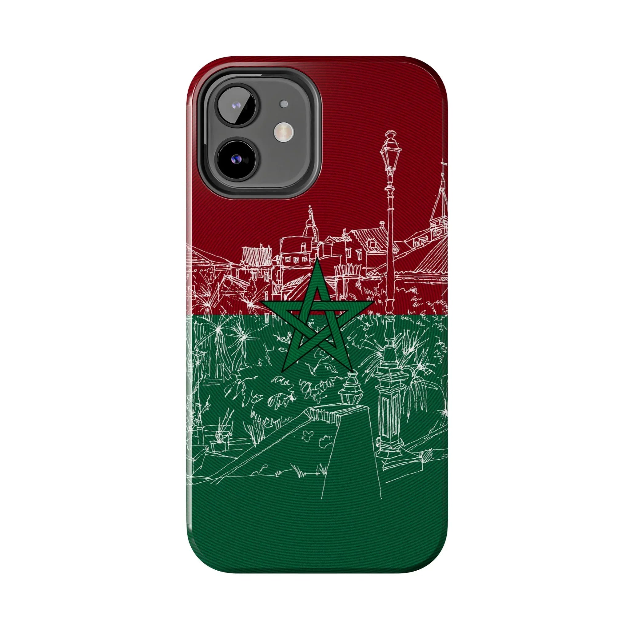 Morocco Flag Sketch Tough Phone Case — Red &amp; Green Casablanca Cityscape - DiwaKi