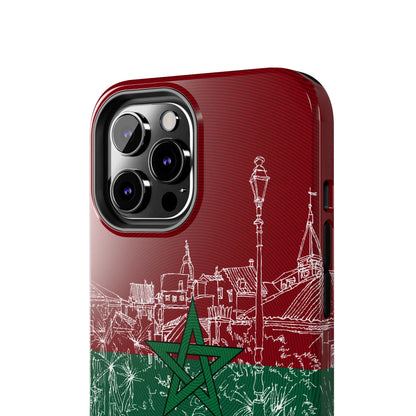 Morocco Flag Sketch Tough Phone Case — Red &amp; Green Casablanca Cityscape - DiwaKi