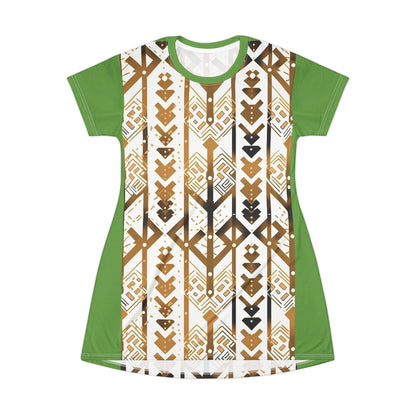 Green Tribal Arrow T-Shirt Dress — Boho Geometric All-Over Print
