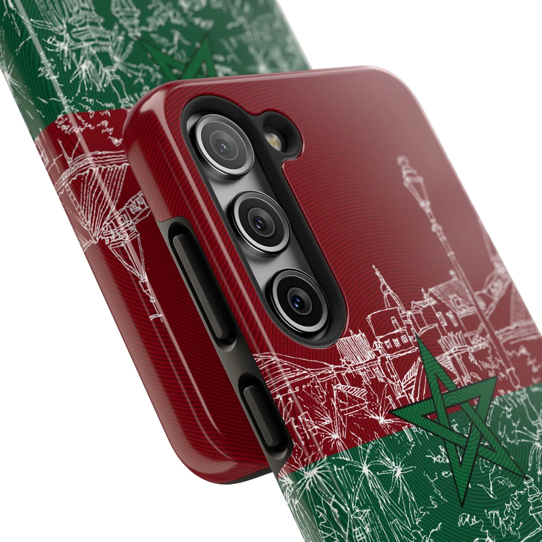 Morocco Flag Sketch Tough Phone Case — Red &amp; Green Casablanca Cityscape - DiwaKi