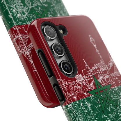 Morocco Flag Sketch Tough Phone Case — Red &amp; Green Casablanca Cityscape - DiwaKi