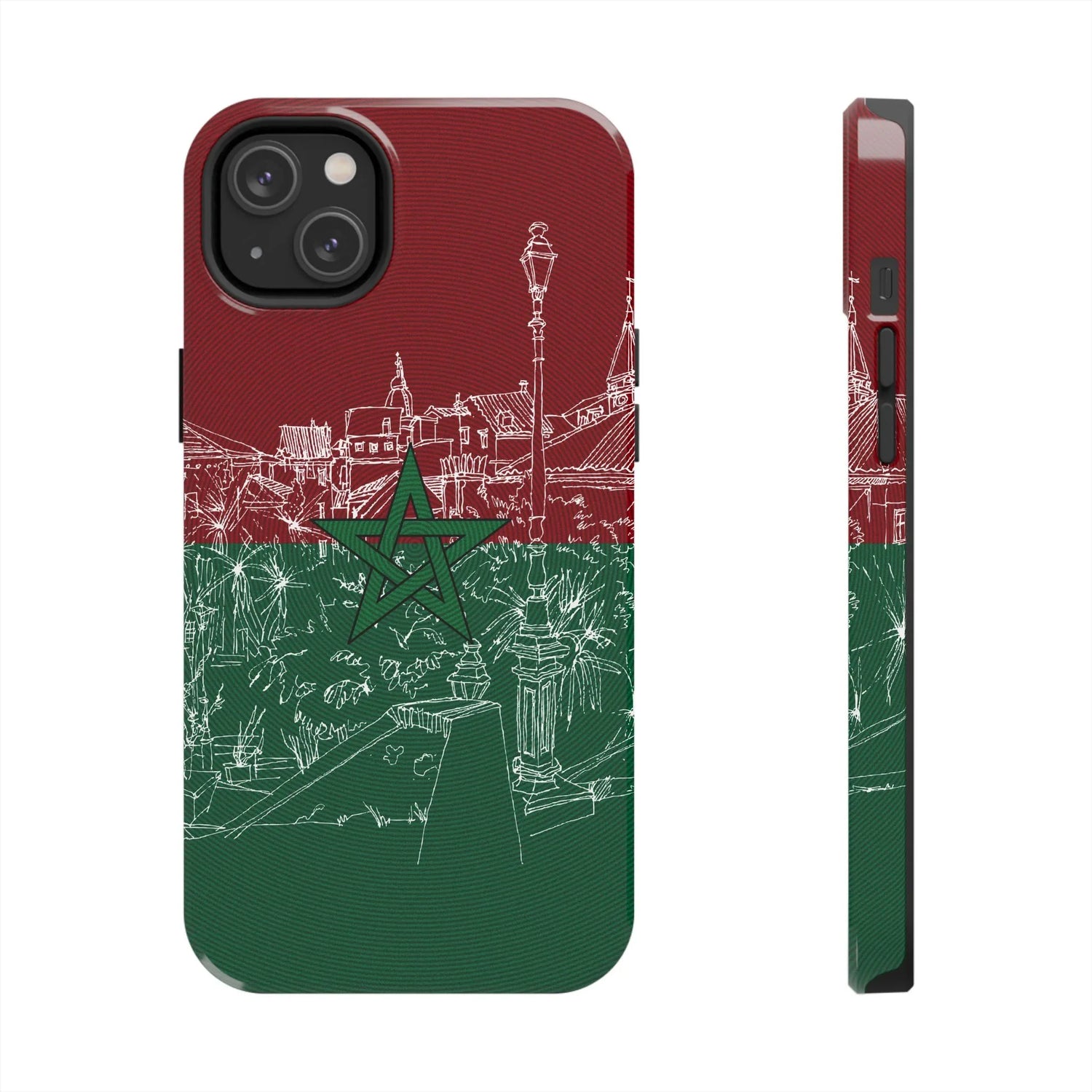 Morocco Flag Sketch Tough Phone Case — Red &amp; Green Casablanca Cityscape - DiwaKi