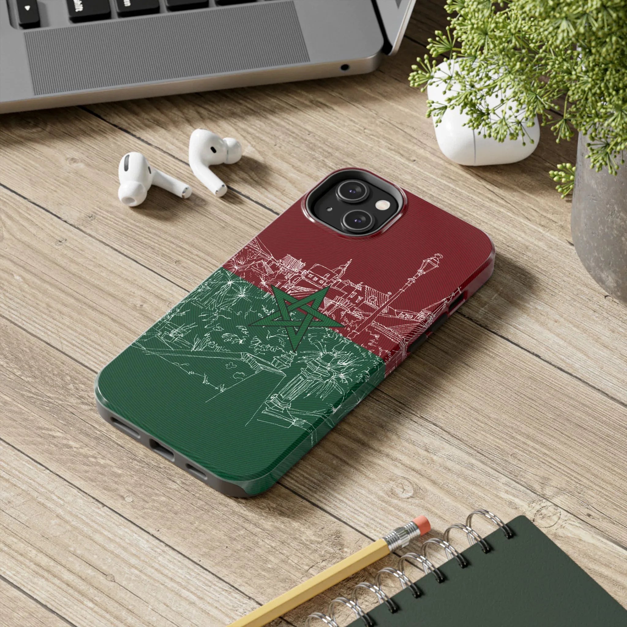 Morocco Flag Sketch Tough Phone Case — Red &amp; Green Casablanca Cityscape - DiwaKi
