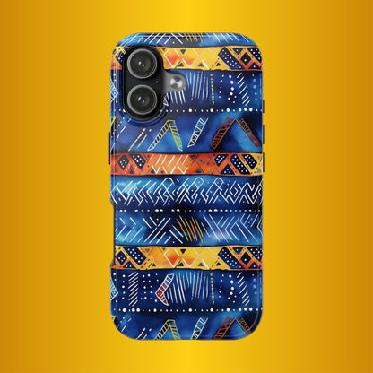 African mudcloth Tribal Indigo Stripe Tough Phone Case — Blue &amp; Orange Geometric Protective Cover