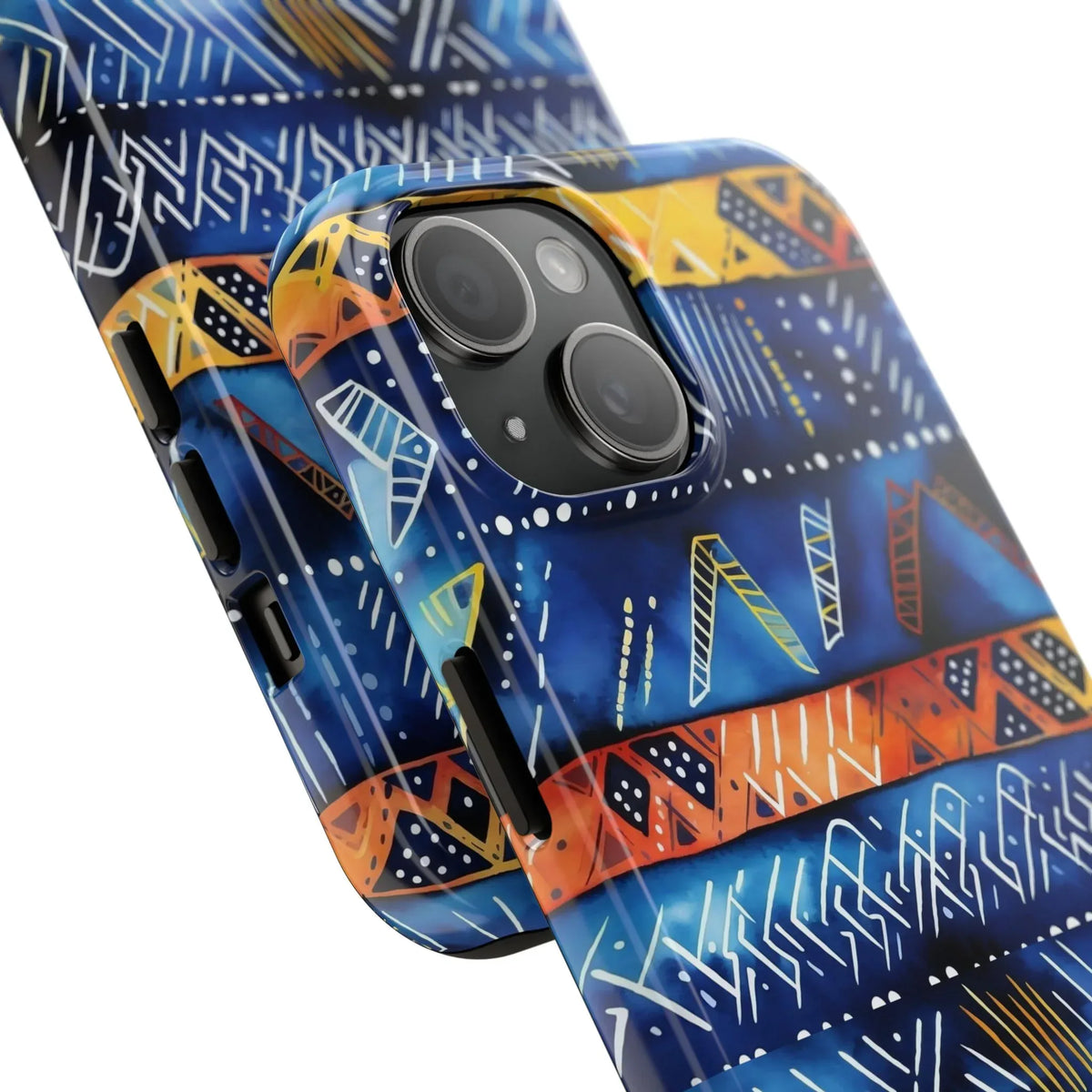 African mudcloth Tribal Indigo Stripe Tough Phone Case — Blue &amp; Orange Geometric Protective Cover - DiwaKi