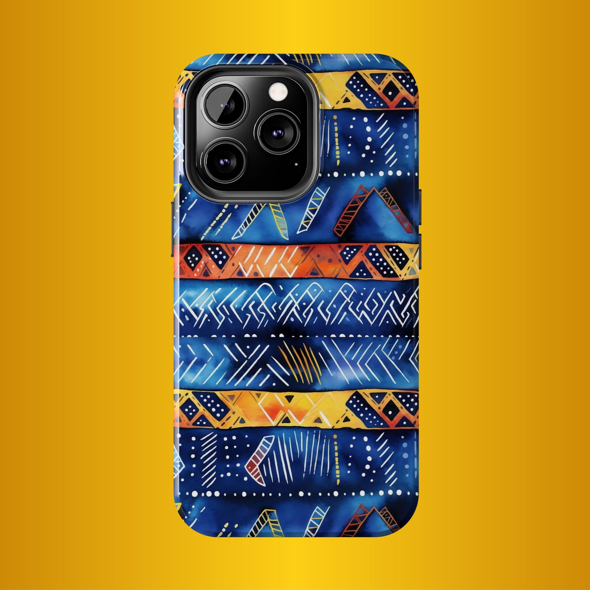 African mudcloth Tribal Indigo Stripe Tough Phone Case — Blue &amp; Orange Geometric Protective Cover
