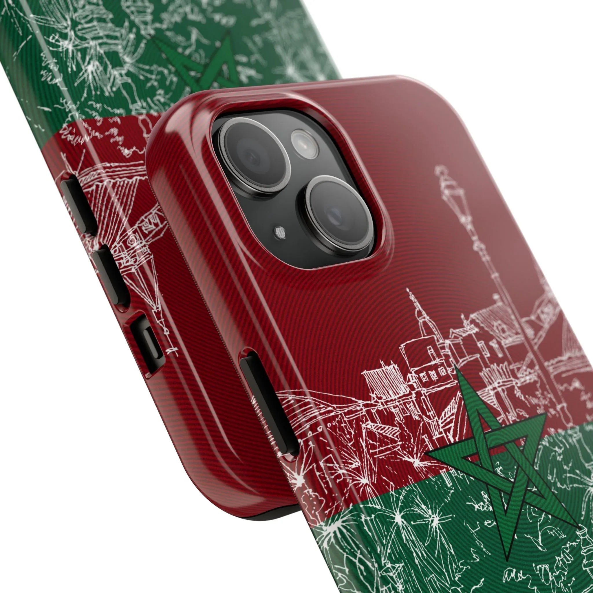 Morocco Flag Sketch Tough Phone Case — Red &amp; Green Casablanca Cityscape - DiwaKi