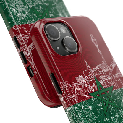 Morocco Flag Sketch Tough Phone Case — Red &amp; Green Casablanca Cityscape - DiwaKi