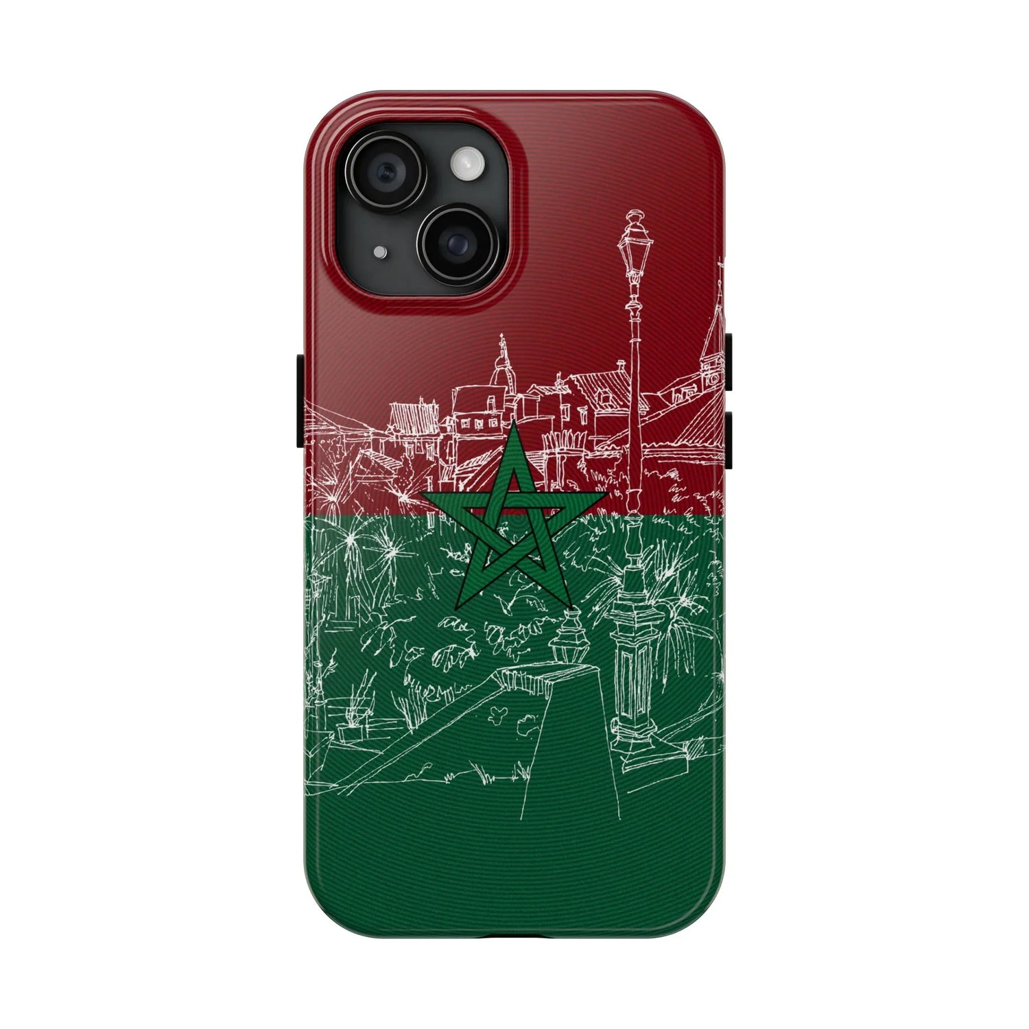 Morocco Flag Sketch Tough Phone Case — Red &amp; Green Casablanca Cityscape - DiwaKi