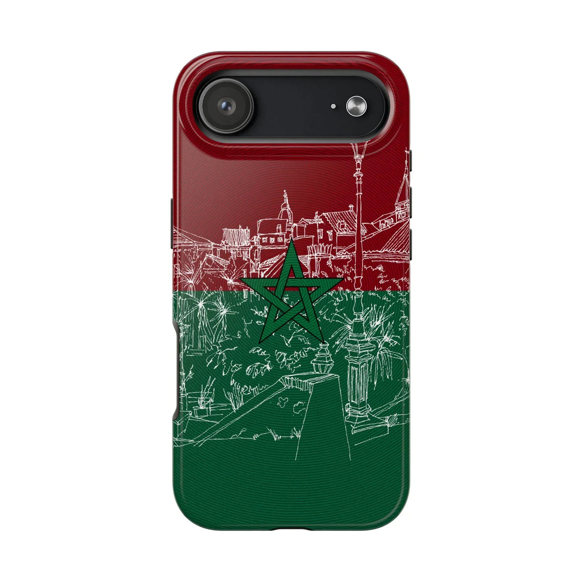 Morocco Flag Sketch Tough Phone Case — Red &amp; Green Casablanca Cityscape - DiwaKi