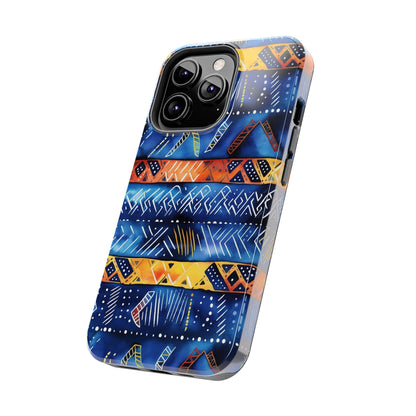 African mudcloth Tribal Indigo Stripe Tough Phone Case — Blue &amp; Orange Geometric Protective Cover