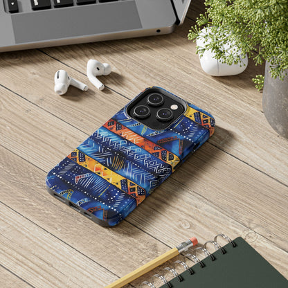 African mudcloth Tribal Indigo Stripe Tough Phone Case — Blue &amp; Orange Geometric Protective Cover
