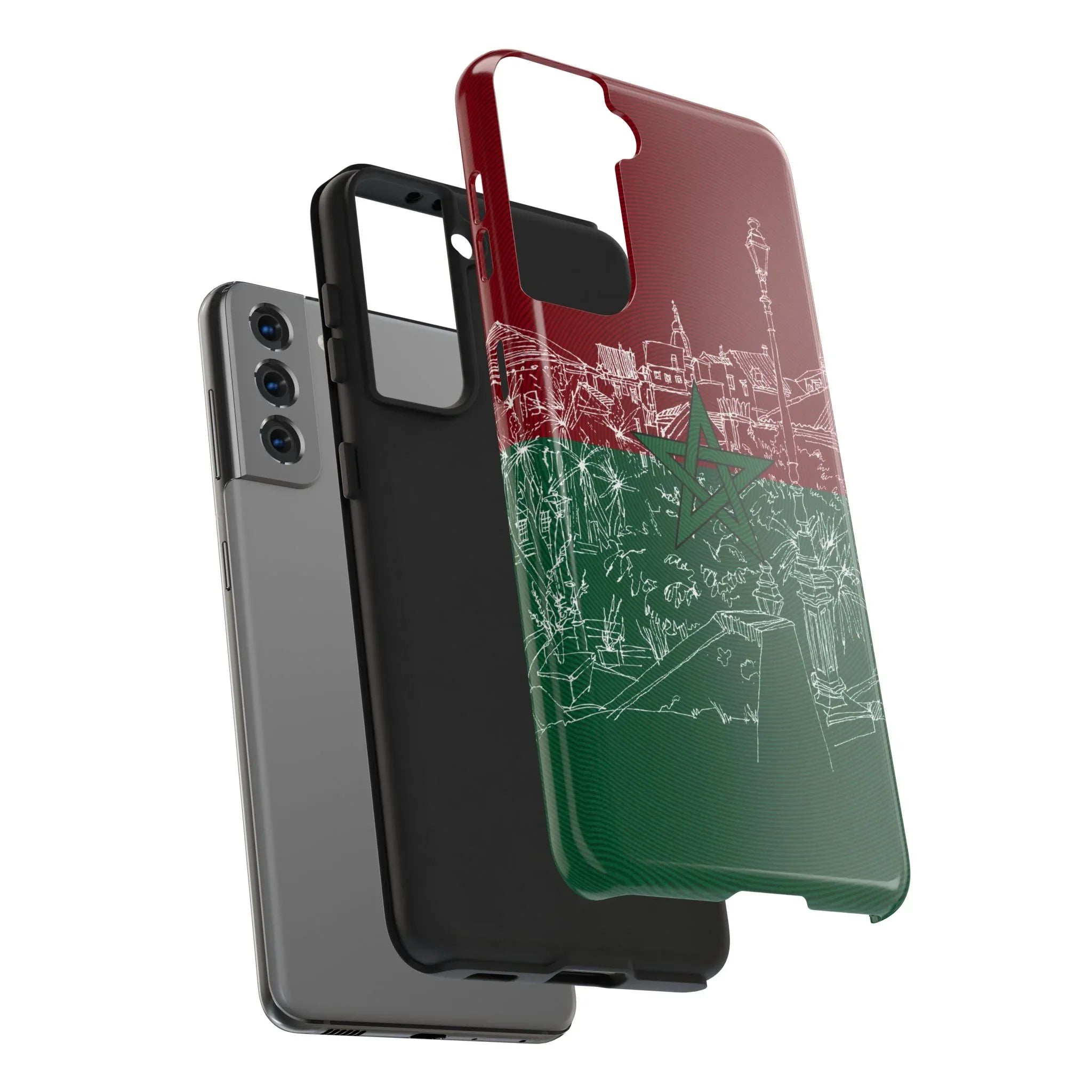 Morocco Flag Sketch Tough Phone Case — Red &amp; Green Casablanca Cityscape - DiwaKi