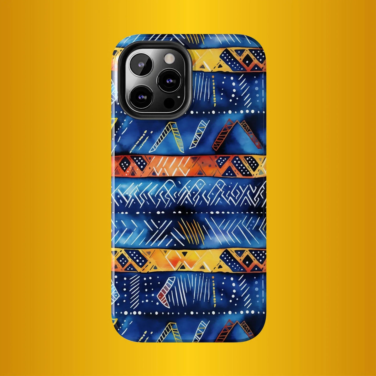 African mudcloth Tribal Indigo Stripe Tough Phone Case — Blue &amp; Orange Geometric Protective Cover - DiwaKi
