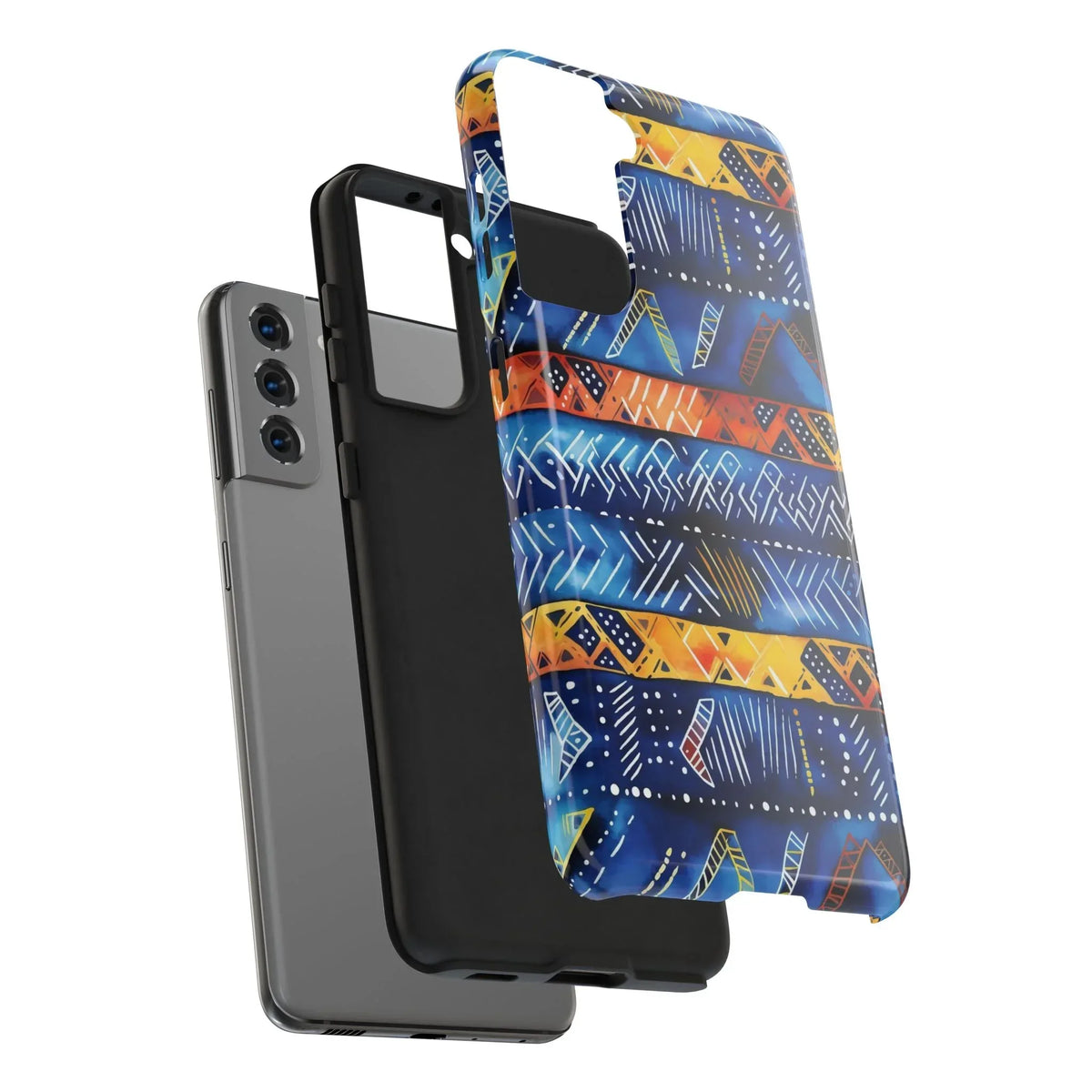 African mudcloth Tribal Indigo Stripe Tough Phone Case — Blue &amp; Orange Geometric Protective Cover - DiwaKi