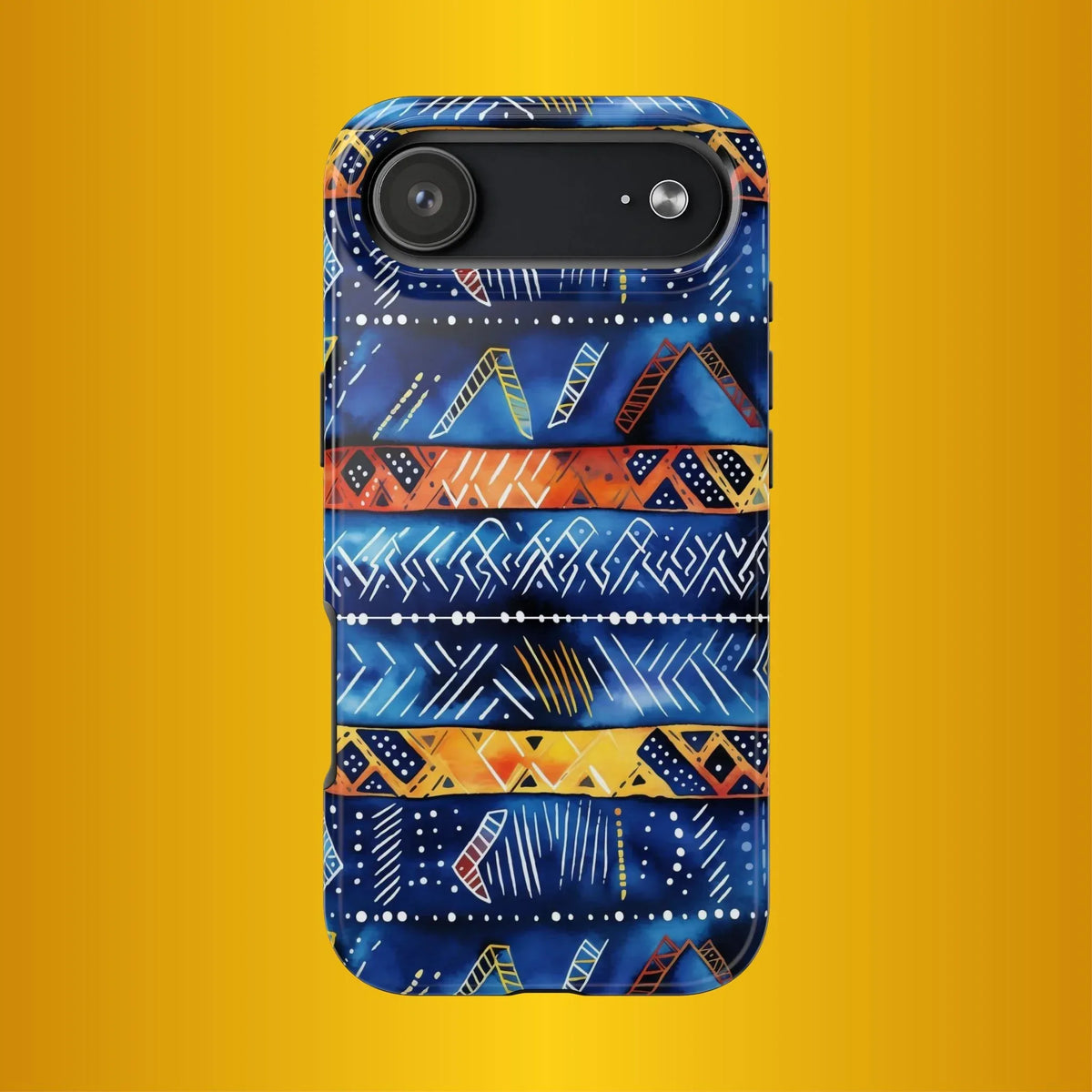 African mudcloth Tribal Indigo Stripe Tough Phone Case — Blue &amp; Orange Geometric Protective Cover - DiwaKi