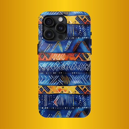 African mudcloth Tribal Indigo Stripe Tough Phone Case — Blue &amp; Orange Geometric Protective Cover