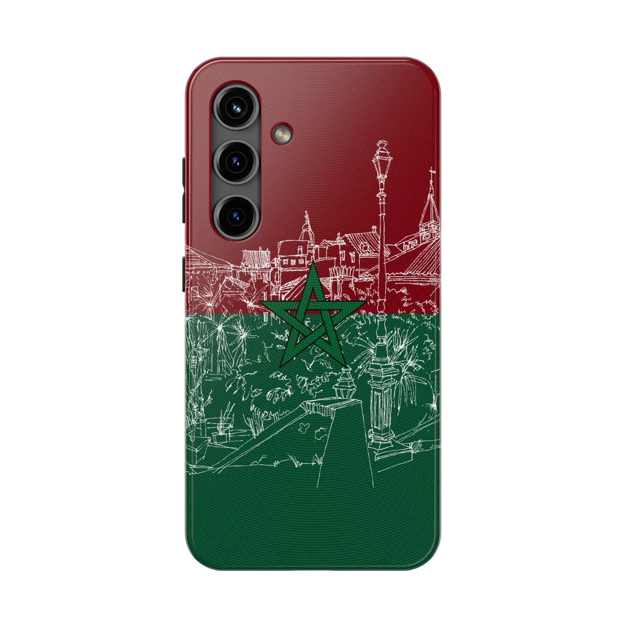 Morocco Flag Sketch Tough Phone Case — Red &amp; Green Casablanca Cityscape - DiwaKi