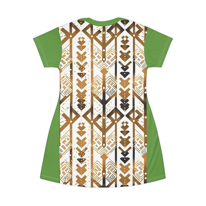 Green Tribal Arrow T-Shirt Dress — Boho Geometric All-Over Print