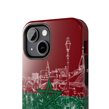 Morocco Flag Sketch Tough Phone Case — Red &amp; Green Casablanca Cityscape - DiwaKi