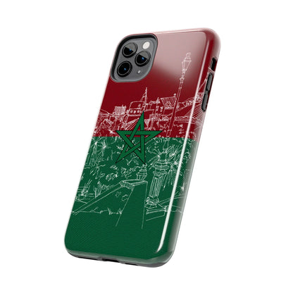 Morocco Flag Sketch Tough Phone Case — Red &amp; Green Casablanca Cityscape - DiwaKi