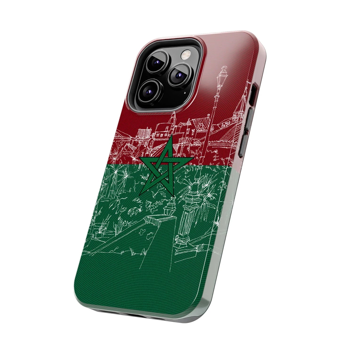 Morocco Flag Sketch Tough Phone Case — Red &amp; Green Casablanca Cityscape - DiwaKi