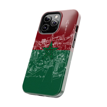 Morocco Flag Sketch Tough Phone Case — Red &amp; Green Casablanca Cityscape - DiwaKi