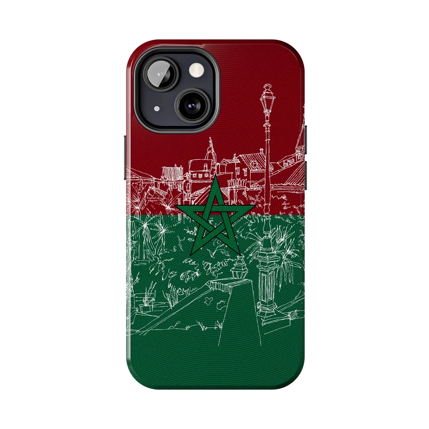 Morocco Flag Sketch Tough Phone Case — Red &amp; Green Casablanca Cityscape - DiwaKi