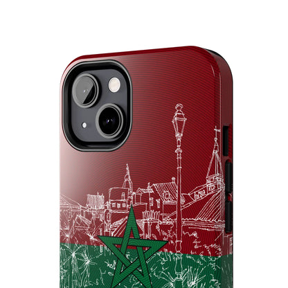 Morocco Flag Sketch Tough Phone Case — Red &amp; Green Casablanca Cityscape - DiwaKi