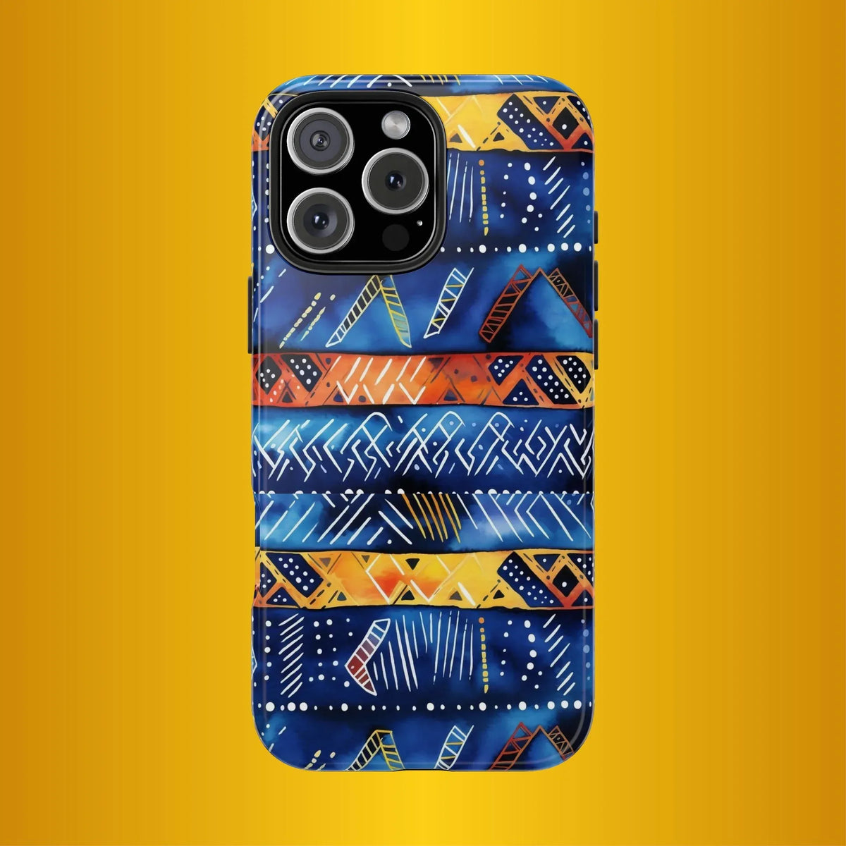 African mudcloth Tribal Indigo Stripe Tough Phone Case — Blue &amp; Orange Geometric Protective Cover - DiwaKi