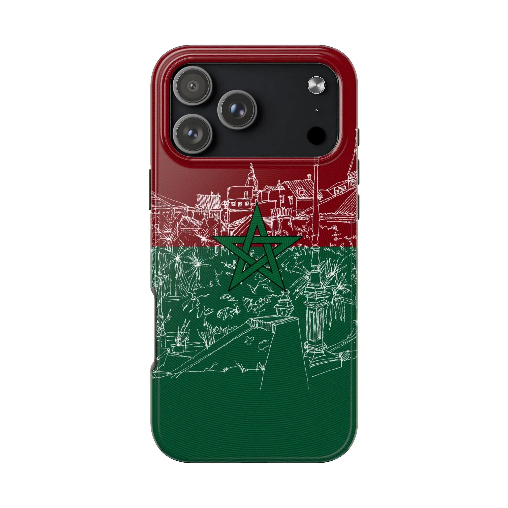 Morocco Flag Sketch Tough Phone Case — Red &amp; Green Casablanca Cityscape - DiwaKi
