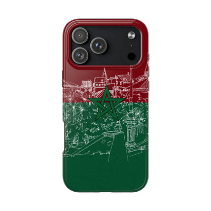Morocco Flag Sketch Tough Phone Case — Red &amp; Green Casablanca Cityscape - DiwaKi