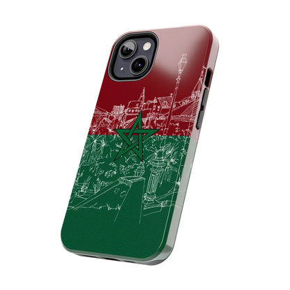 Morocco Flag Sketch Tough Phone Case — Red &amp; Green Casablanca Cityscape - DiwaKi